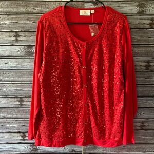 Quacker Factory Women's Long-Sleeved Button-Down Top Size L Red Sequins NWT